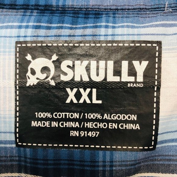 Skully Western Snap Shirt Men's 2XL 50 Chest Blue Plaid Roll Tab Sleeves - Picture 6 of 6